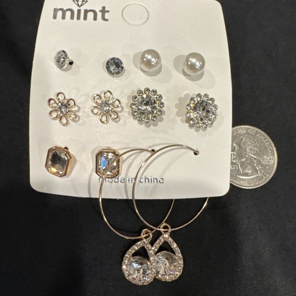Mint 12 Piece Set Faux Pearl Rhinestone Flower Stud Dangle Earrings NEW